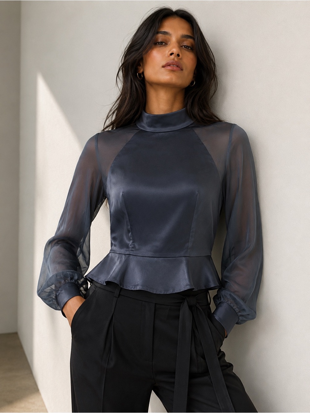 Beautiful Bluish Grey Peplum Bottom Blouse Size 6